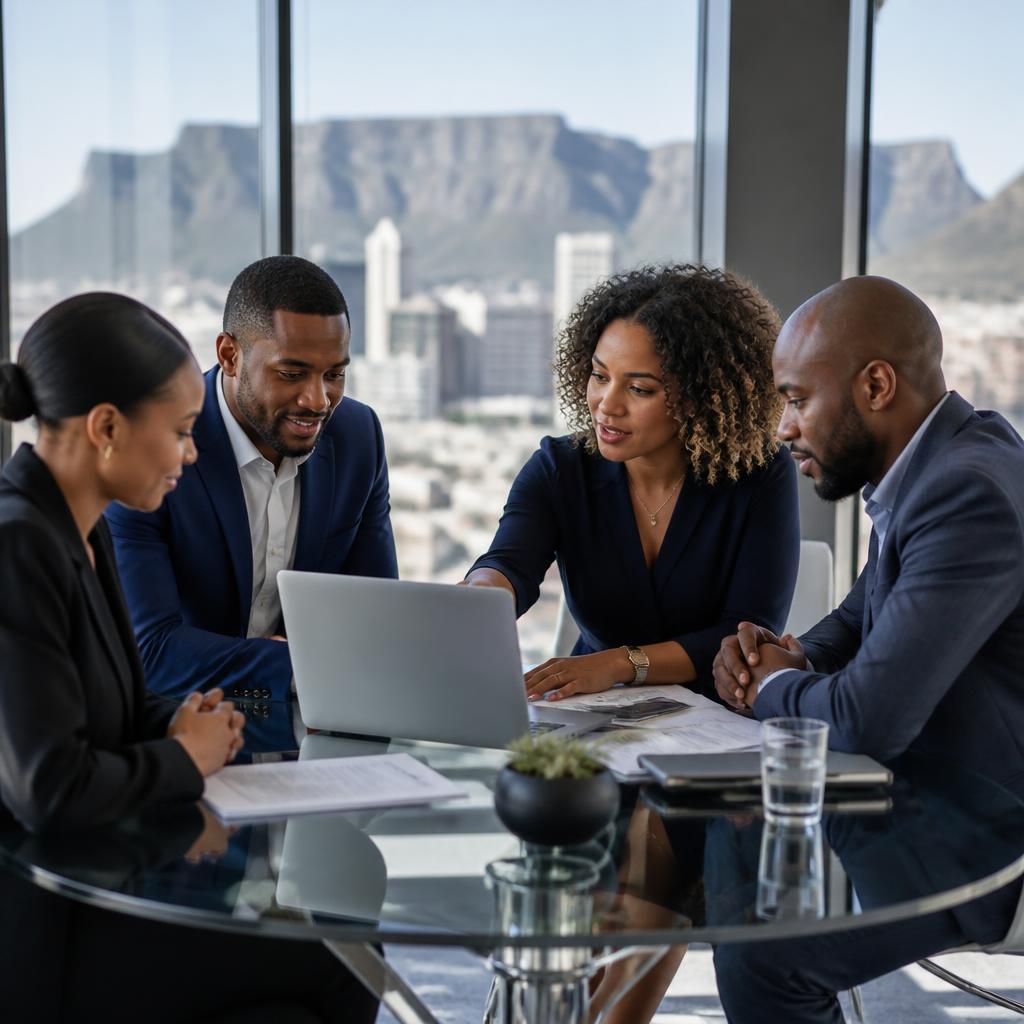 Professional E3 consultants collaborating with clients in a modern South African office